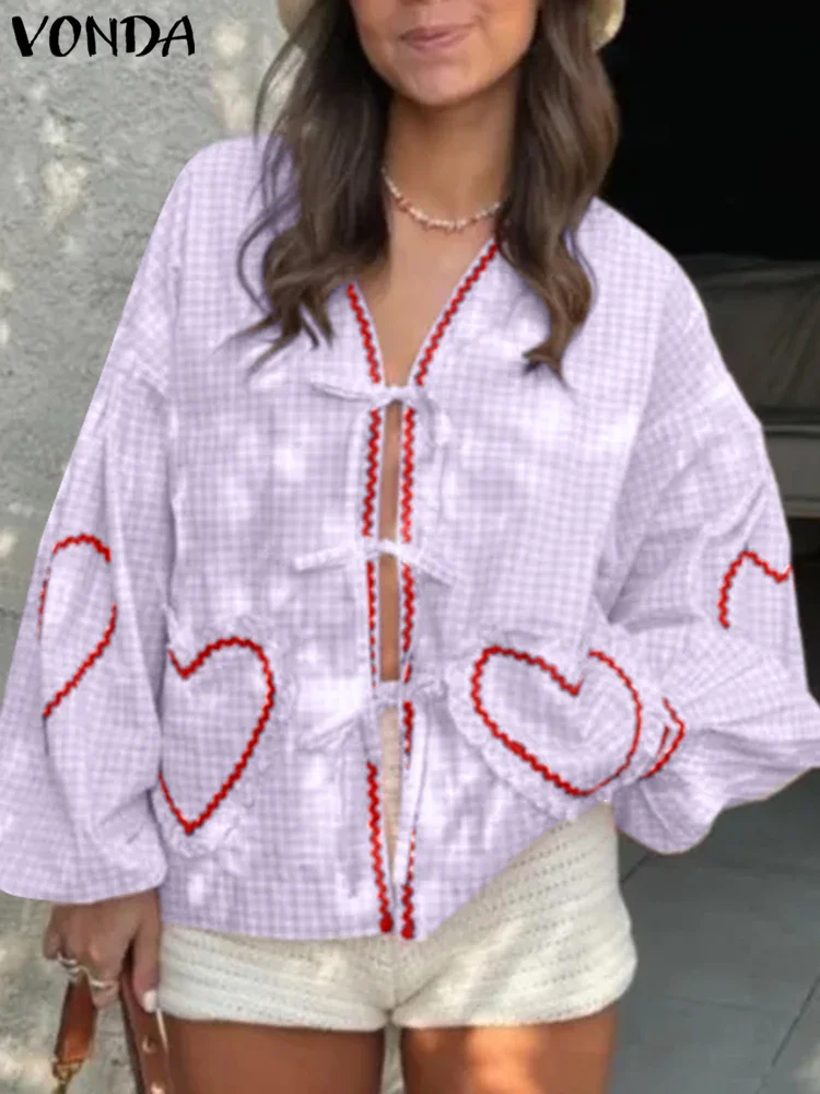 

ZANZEA Autumn Women Plaid Print Loose Shirts 2025 Blouse Casual Lantern Long Sleeve Tops Tunic V-Neck Sweety Open Up Blusas