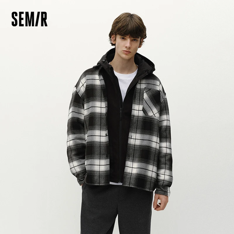 Semir Men Shirt Fleece Lined Plaid Pattern Long Sleeve Loose Fit 2026 Winter Casual Style Layering Wear Everyday Look