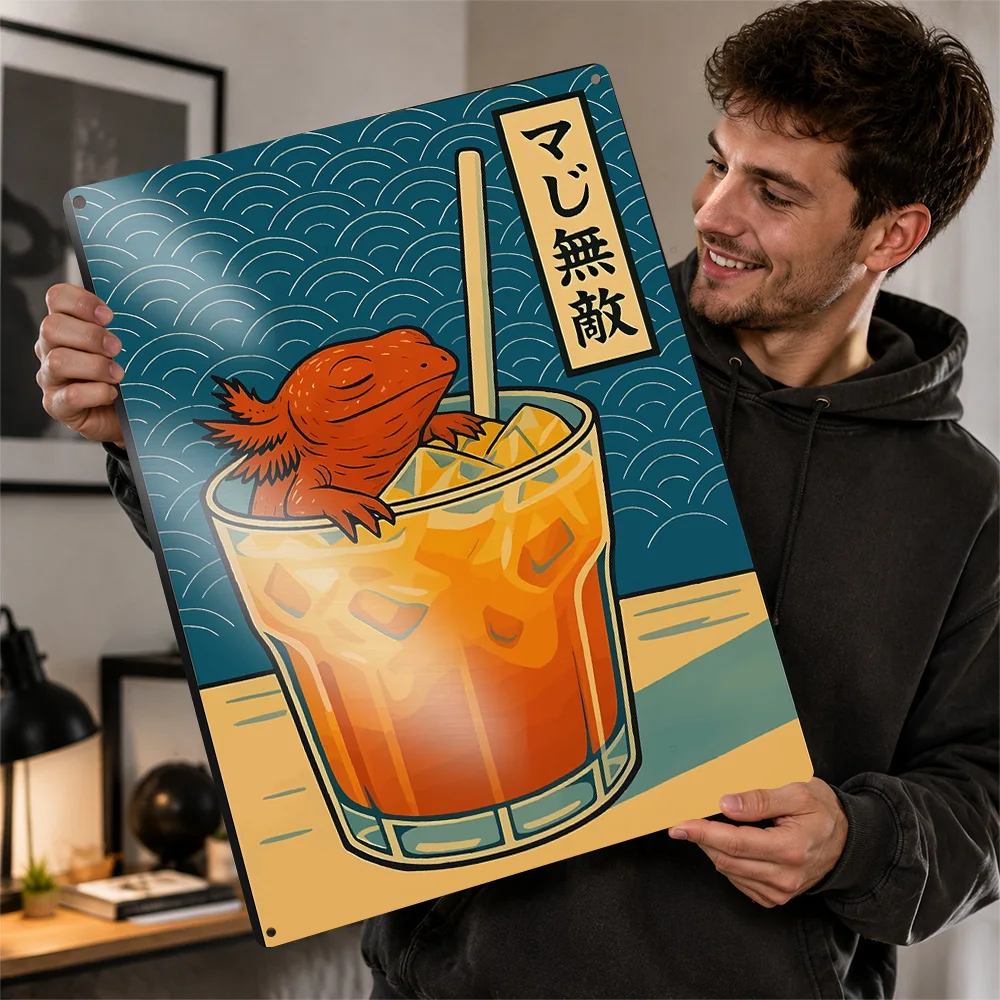 Bearded Dragon In Iced Drink Printed Poster Cartoon Wall Art For Living Room Personalized Aluminum Metal Sign Animal Lover Gift