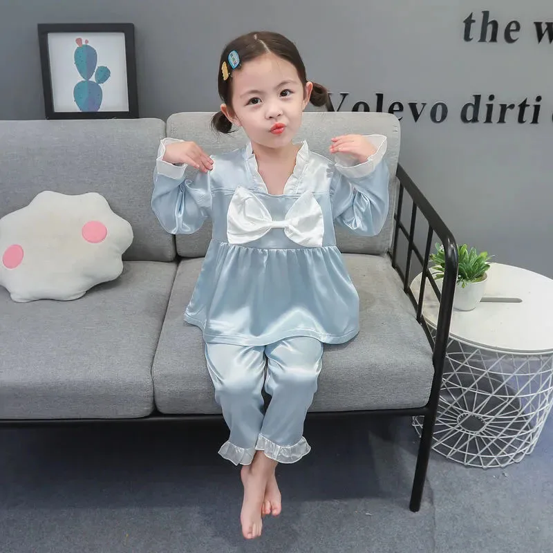 Sweet Cute Style Bow-knot Decoration Pajamas Girls\' Ice Silk Pajamas Set  Spring Autumn Homewear Home Long Sleeve Trousers