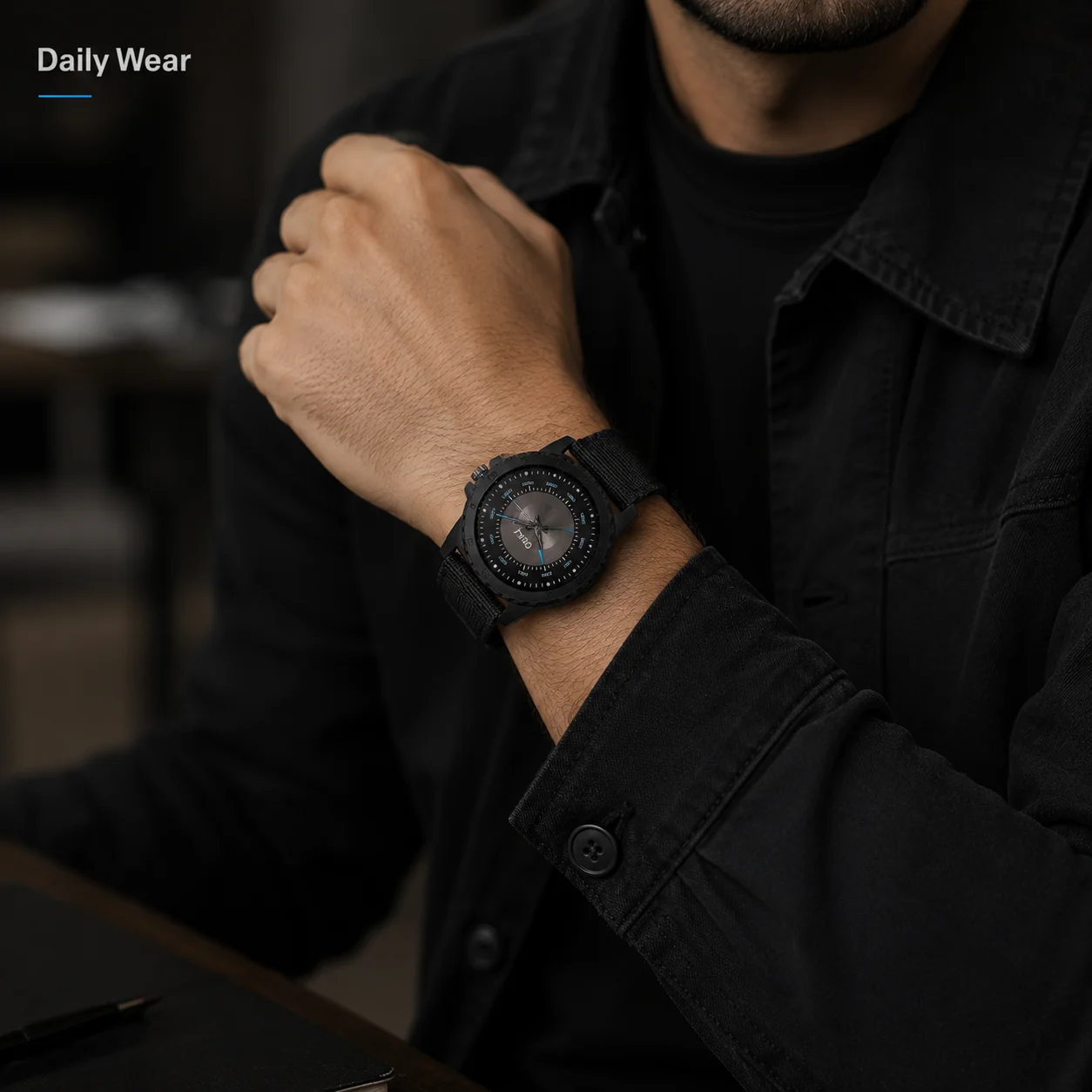 Men's Black Sports Casual Analog Watch, Large Dial Wristwatch with Circular Markers, Three-Hand Quartz Watch with Fabric Strap