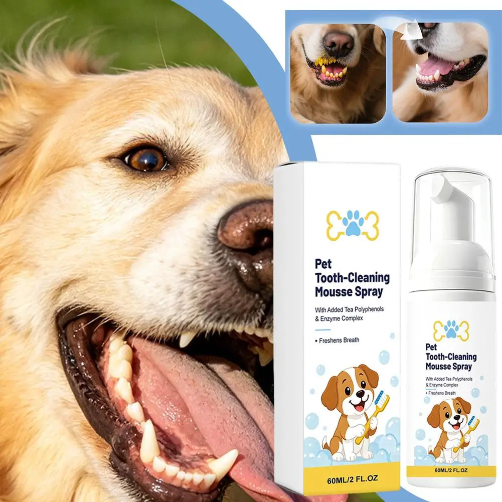 60ml Pet Tooth-Cleaning Mousse Spray with Tea Polyphenols & Enzymes, No-Brush , Plaque&Tartar Remover,Breath Freshener Oral Care
