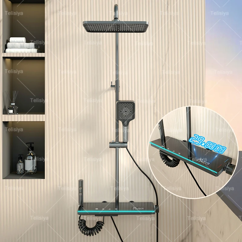 

Smart Grey shower set Digital Display Showers System Set Rainfall Pressurized Wall-mounted Piano Key Shower Faucet Set