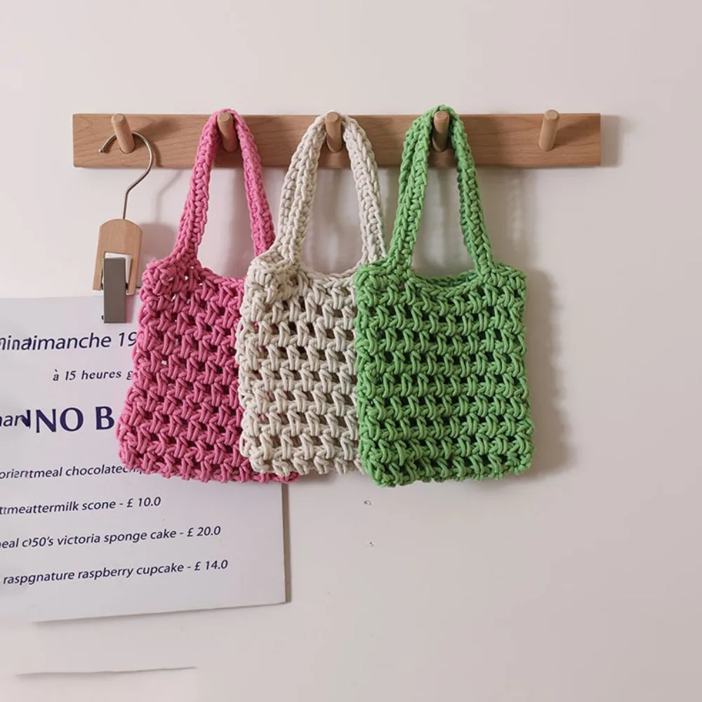 Cute Handheld Cotton Thread Woven Bag New Versatile Solid Color Hollow Grass Woven Bag Handheld Mesh Women\'s Bag