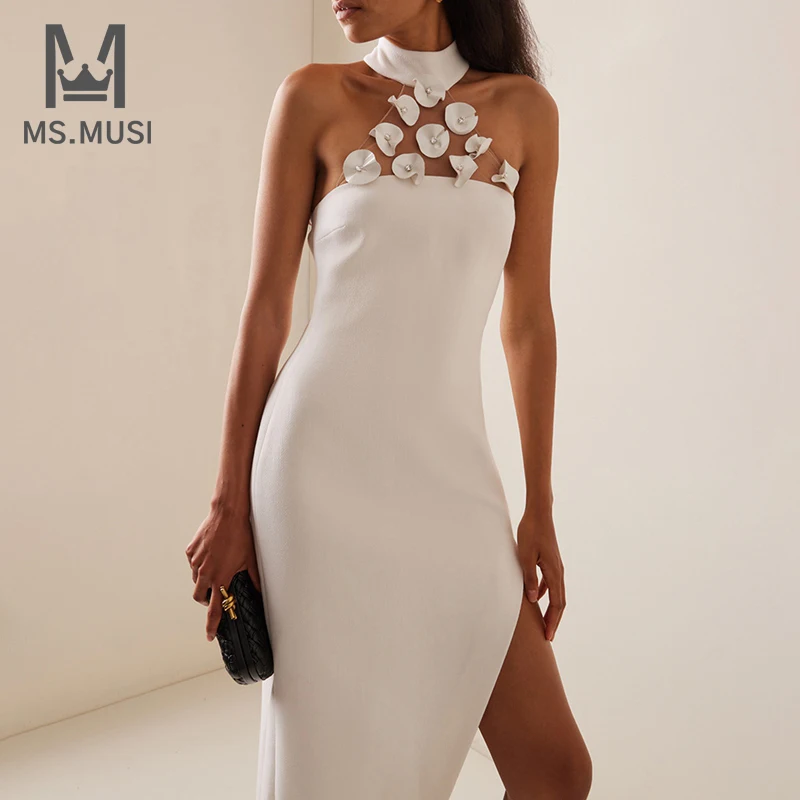 

MSMUSI 2024 New Fashion Women Sexy Halter Floral Diamond Crystal Sleeveless Backless Bandage Party Club Bodycon Slit Midi Dress