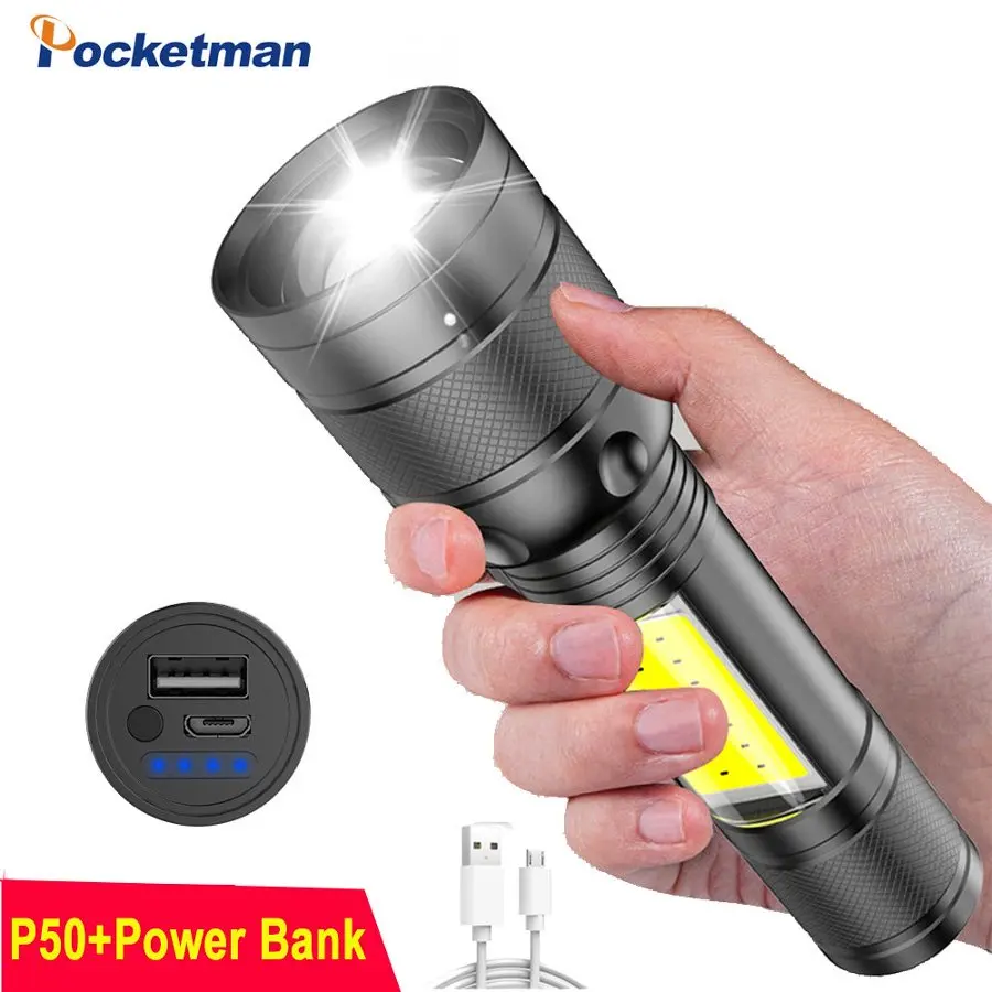 Rechargeable LED Flashlight with COB Work Light 3 Light Modes Portable Handheld Flashlight for Camping Hiking Emergency