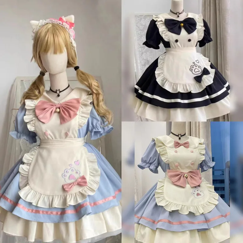 

Bow Kawaii Lolita Maid Dress With Apron Paw Print Japanese Style Soft Girl Cosplay Outfit Short Sleeve Sweet Anime Costume New