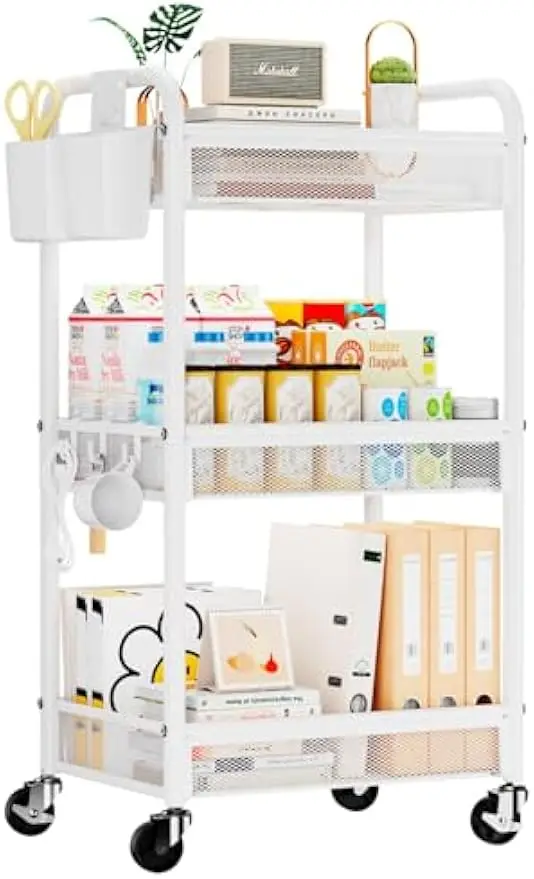 

3-Tier Rolling Metal Cart with Wheels, Hanging Cups & Hooks for Kitchen, Office, Craft Storage in White