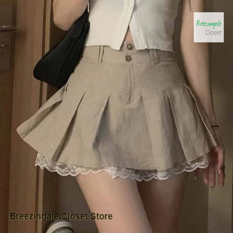 Korean lace stitching spice girls pleated skirt women's spring and summer high waist slim thin anti-exposure casual skirt.