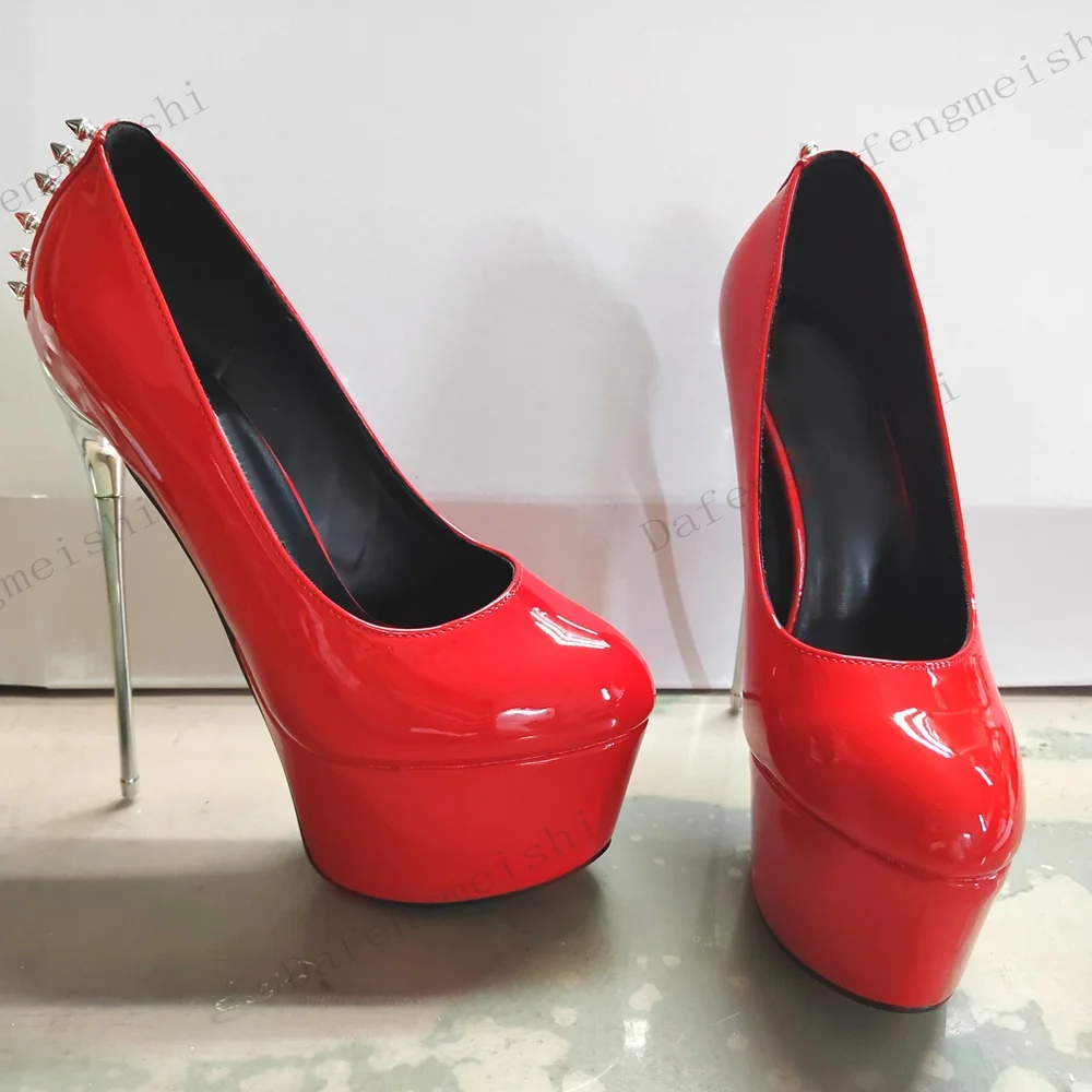 Women Red Patent Leather Platform Pumps Round Toe Spiked 19Cm Extreme High Metal Stiletto Heels Nightclub Party Ladies Sandals