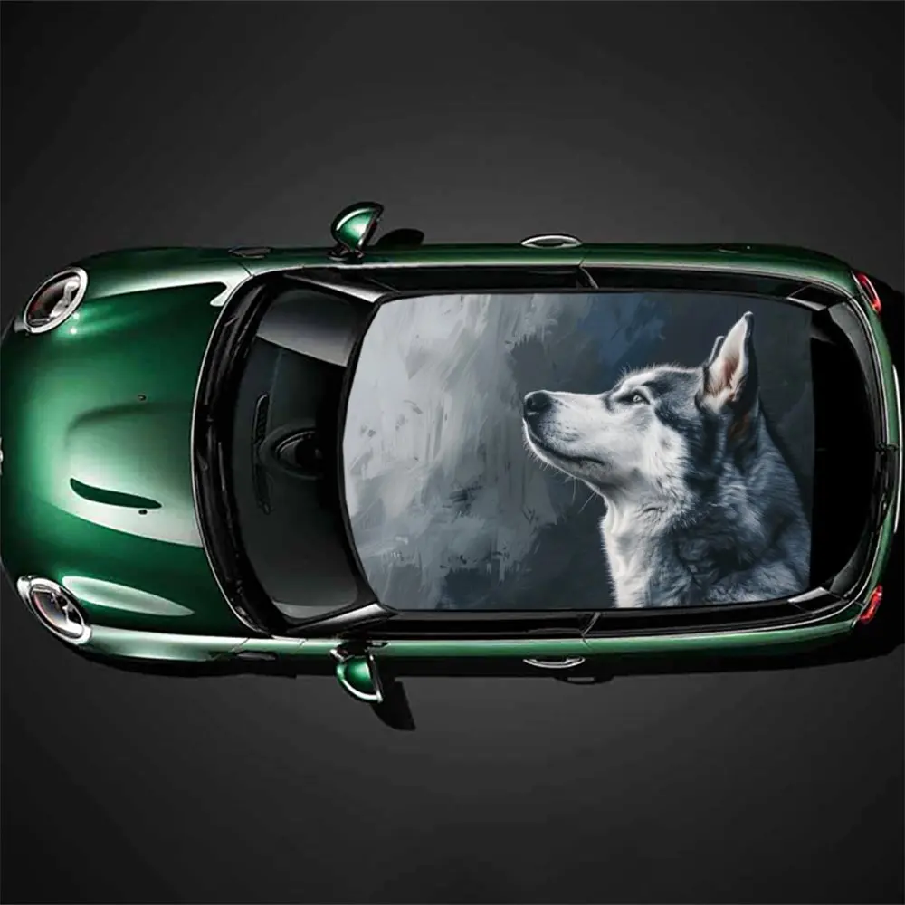 

Roar Up To Sky Husky Animal Dog Car Roof Sticker Wrap Racing SUV Auto Accessories Packaging PVC Car Hood Graphic Decal Decor