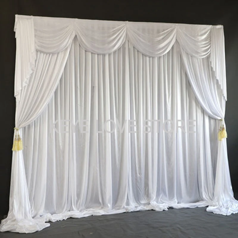 

3m H x3m W 1 Piece Hot Sale White Drapes Ice Silk Curtain With Swag Wedding Backdrop Party Stage Background Decorations