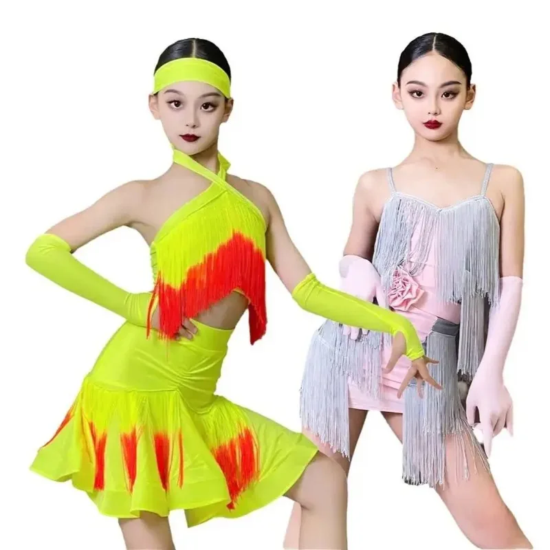 

girls ballroom latin dress american dance rumba cha cha line fringe tassle samba tango costume competition practice wear kids