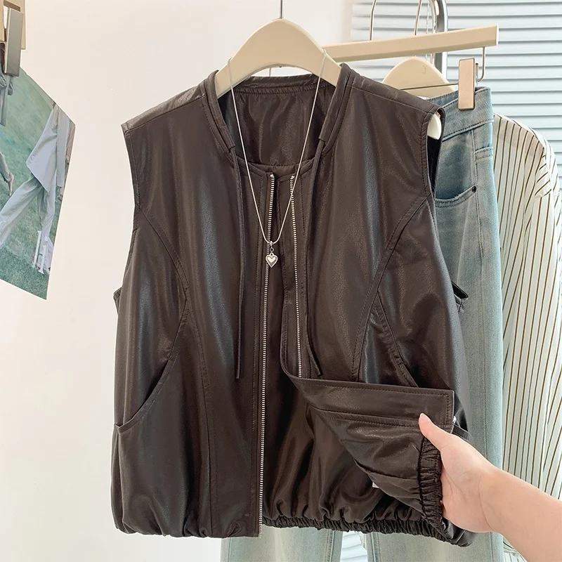 Loose Women's PU Leather Vest Sleeveless Jacket Zipper Design Korean Style Autumn New Fashion Shoulder Pad Coat Top