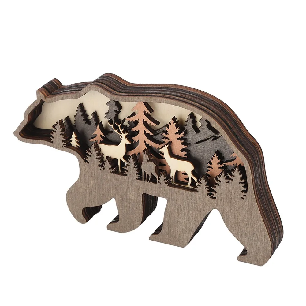 3D Forest Animal Wood Crafts gift with Light Luminous Wooden Animal Multi Layer Carving Luminous Decoration