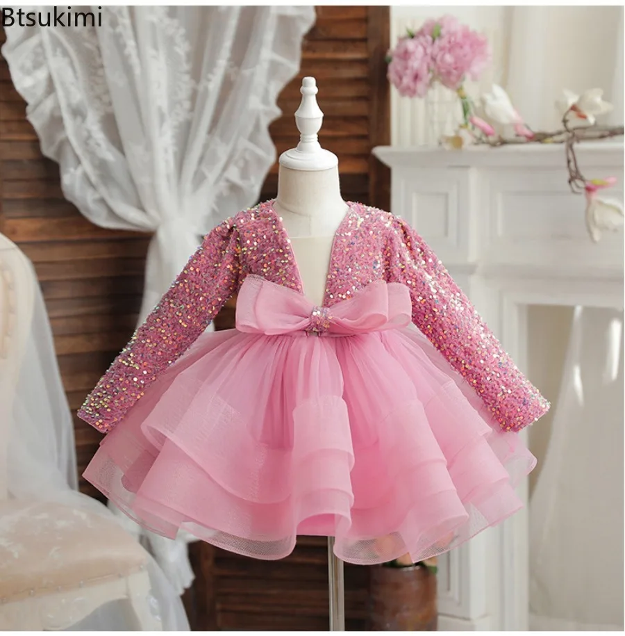 2026 Girls' Clothing Sequins High-end Bow Puffed Skirt Children's Birthday Banquet Evening Dress 3-10 Years Old Ballet Performan