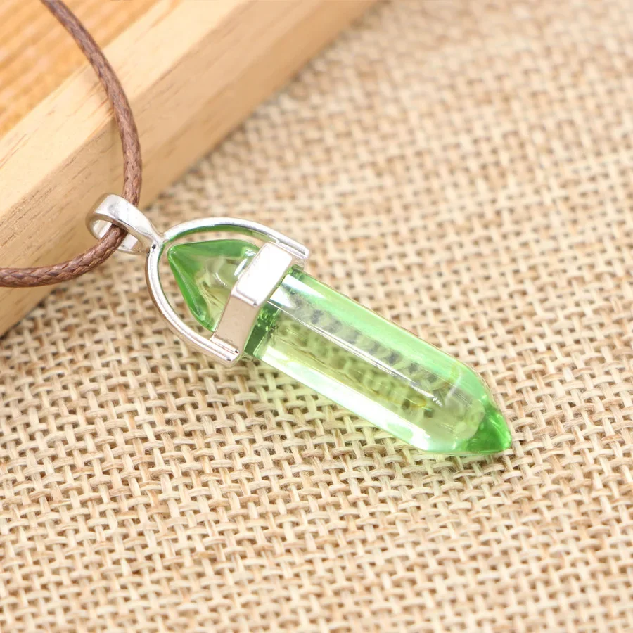 New Natural Stone Pendant Necklace Women PU Leather Hexagonal Column Pointed Reiki Chakra Lapis Opal Chunky Jewelry