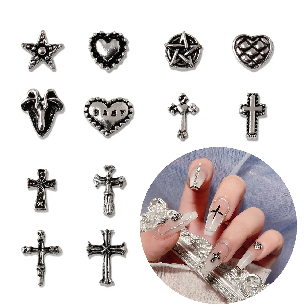 50pcs/Pack Nail Designs Charms Mini Cross Luxury Parts Wholesale Old Silver Heart 3d Charms For Cross Nails Punk Decoration Gems