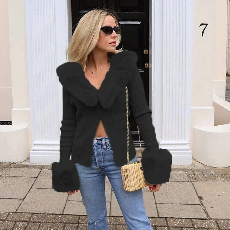 Women Girls Long-sleeved Furry Lapel Crop Top T-shirt Y2k Slim Fit Autumn/winter New Club Outfit Faux Fur Collar Cardigan