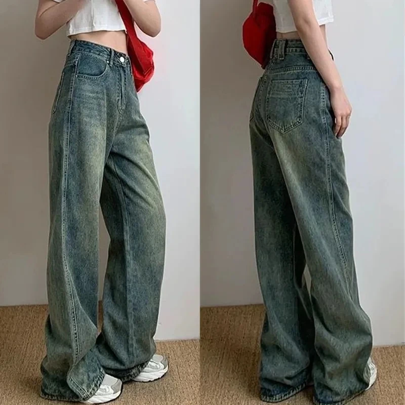 

Womens Highwaisted Jeans Straight Tube Loose Leisure Comfortable Retro Blue Y2K Wide Leg Baggy Denim Trousers Casual