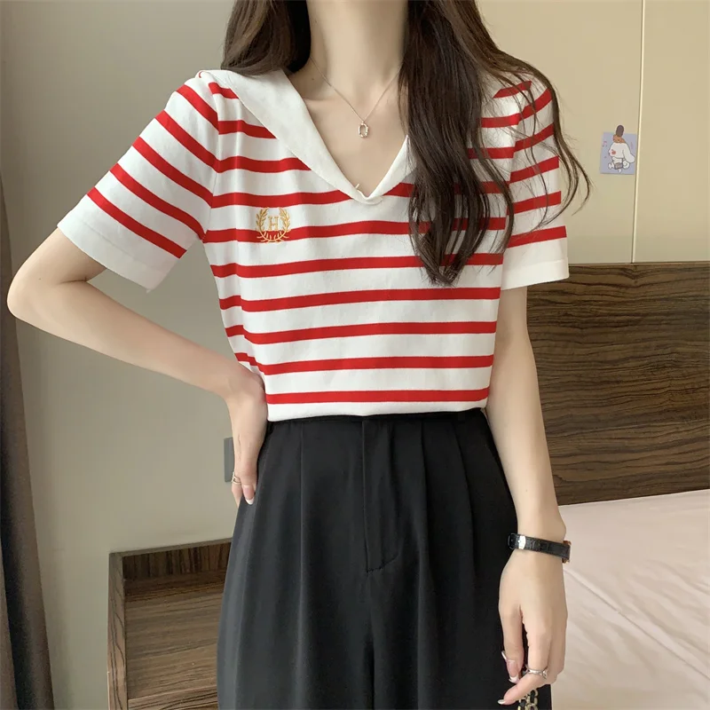 College Style Striped T-shirt Women Navy Neck Ice Silk Knitted Short Sleeve Top Blouse