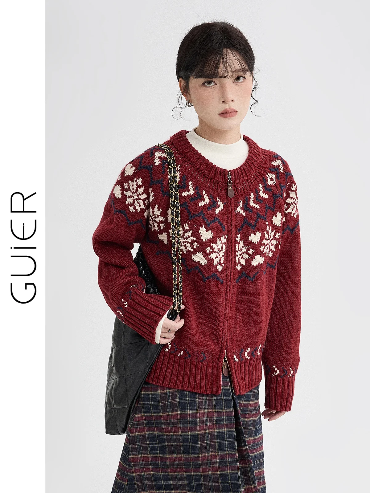 

Red Fair Isle Knit Cardigan Women's Spring 2026 Double Zipper Vintage Sle Long Sve round Ne Loose Fit Online Exclusive