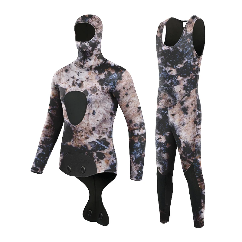 STLF-traje de neopreno de camuflaje superelástico para hombre, traje de buceo y pesca submarina con capucha de 2 piezas, manga larga, patrón personalizado, 3mm/5mm