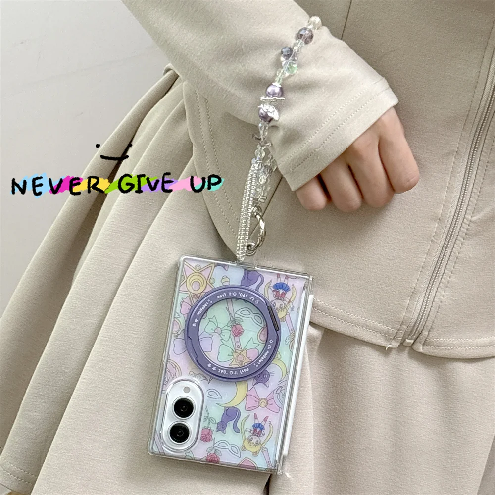 Kawaii Rose pink Girl Magnetic Phone Case for Samsung Galaxy Z Fold 8 Ultra zfold 8 7 6 5 Cover For Magsafe Stand Chain