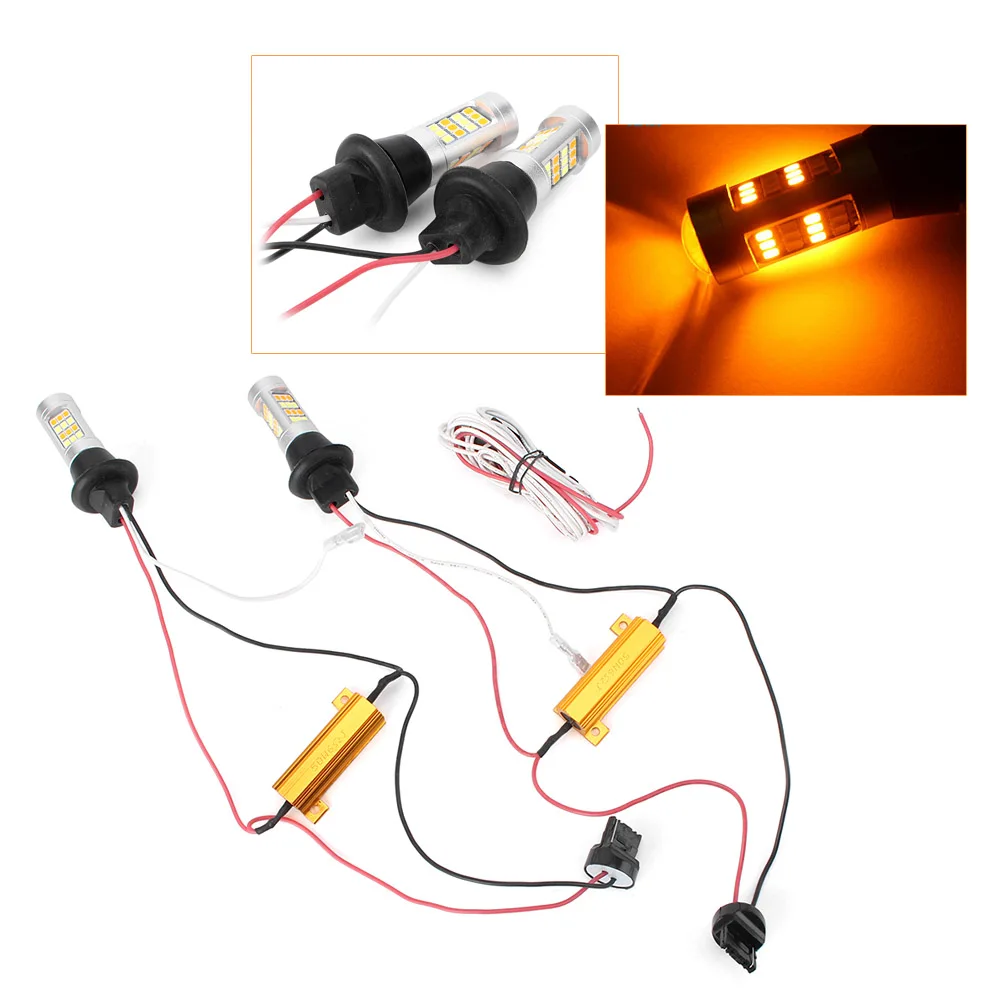 2pcs 7440 T20 42-LED 2835 Dual-Color Switchback LED DRL Turn Signal Light Kit