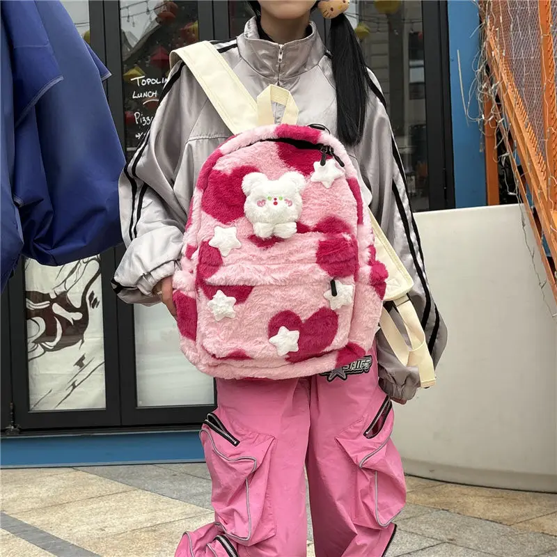 Y2k Girl Star Backpack Korean Fashion Large Capacity Fluffy Cute School Bag Harajuku Fur Kawaii Travel Bag Sweetwear 2023 Winter