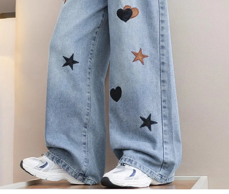 Frühling Herbst Neue Mädchen-Jeans mit Stickerei, Fünfzackiger Stern, Weite Hosen für 3-12 Jahre alte Teenager-Mädchen, Stylische Denim-Hosen mit weitem Bein – Detail 7
