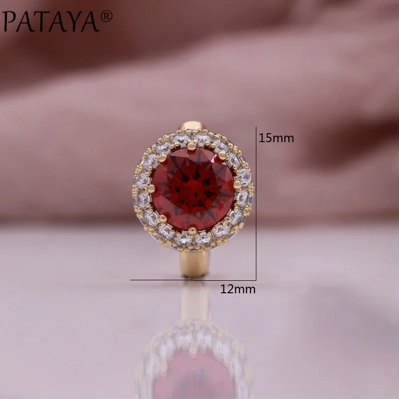 PATAYA New 585 Rose Gold Color Drop Earrings for Women Round Cut Dazzling Red Natural Zircon Accessories Daily Fine Jewelry