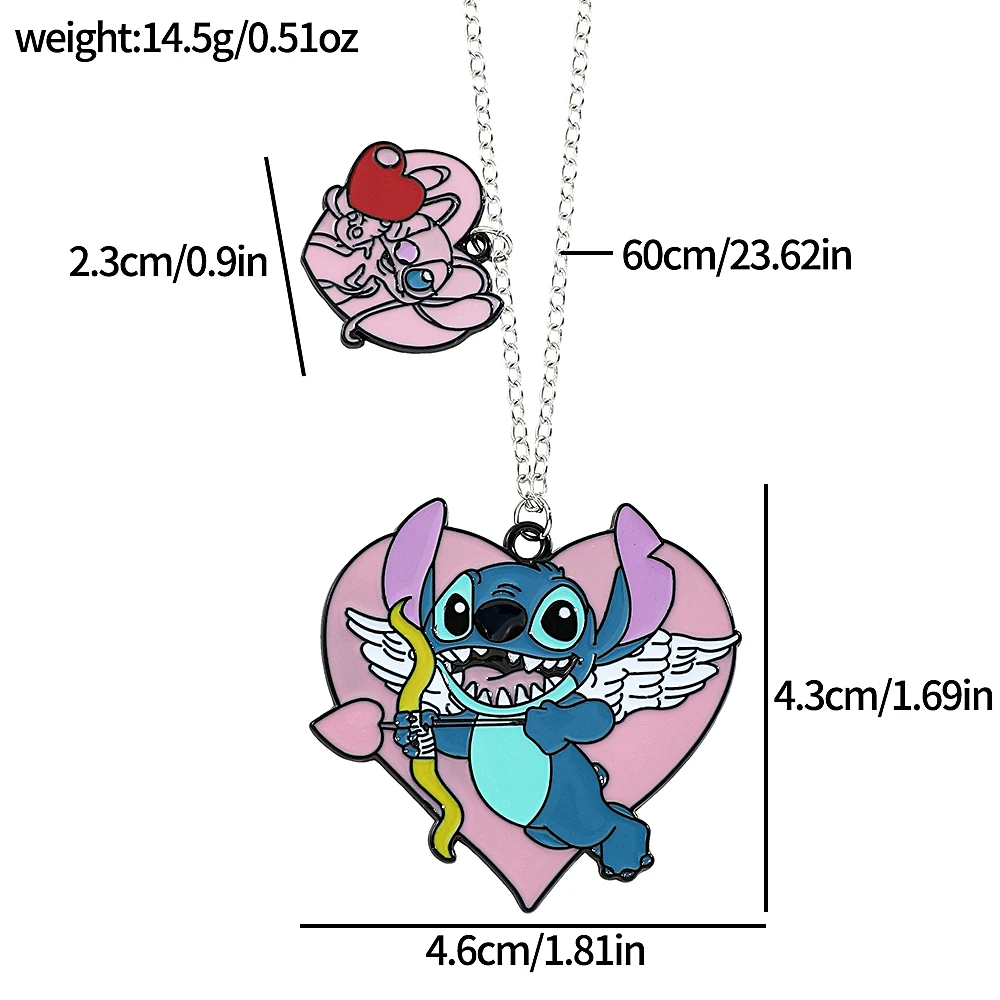 Disney Cartoon Anime Lilo & Stitch Necklace Pink Love Heart Stitch Neck Chain For Friends Jewelry Pendant Gifts