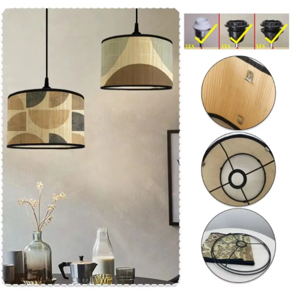 Handmade Bamboo Lampshade Long-Lasting Hangable Pendant Chandelier Greenery Patterned Abstract Line Pattern Retro Lampshade