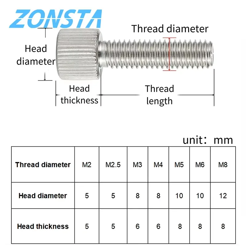 Viti a testa zigrinata in acciaio inossidabile 304 M2 M2.5 M3 M4 M5 M6 M8 Viti a testa zigrinata a testa tonda piatta Viti di regolazione manuale Bulloni a testa zigrinata