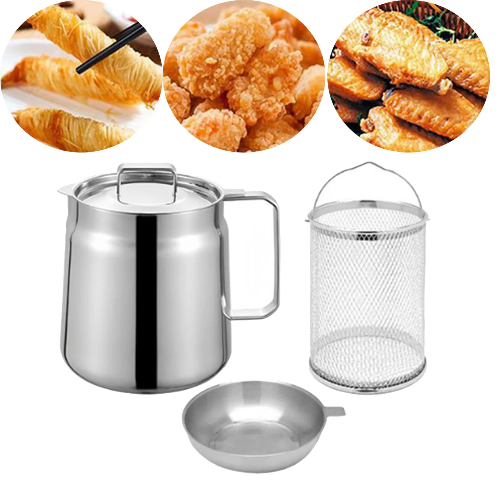 1.5L/2L 304 Stainless Steel Deep Frying Pot Household Draining Sieve Cooking Pot Filter Oil Pot With Fryable Filter Cover Filter