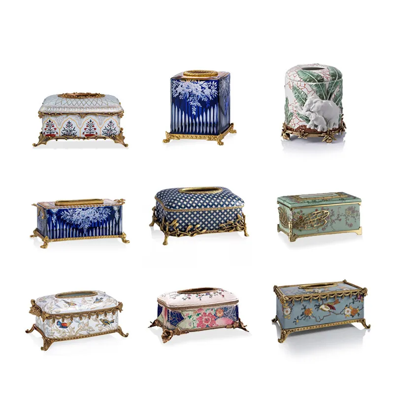 French luxury colored glass decorative ornament ceramic with copper living room desktop exquisite tissue box storage box