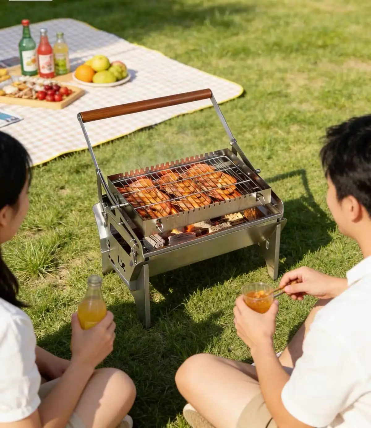 Flip Charcoal Barbecue Grill with Rotating Mesh, Household Outdoor Portable Charcoal BBQ Grill for Backyard Camping Cooking