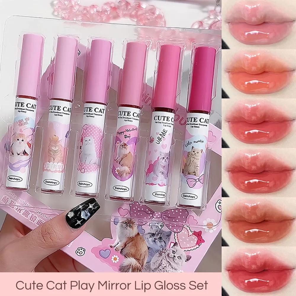 Cute Cat Fun Mirror Lip Glaze 6 Colors Highly Pigmented Lip Stain Hydrating Glossy Lip Gloss