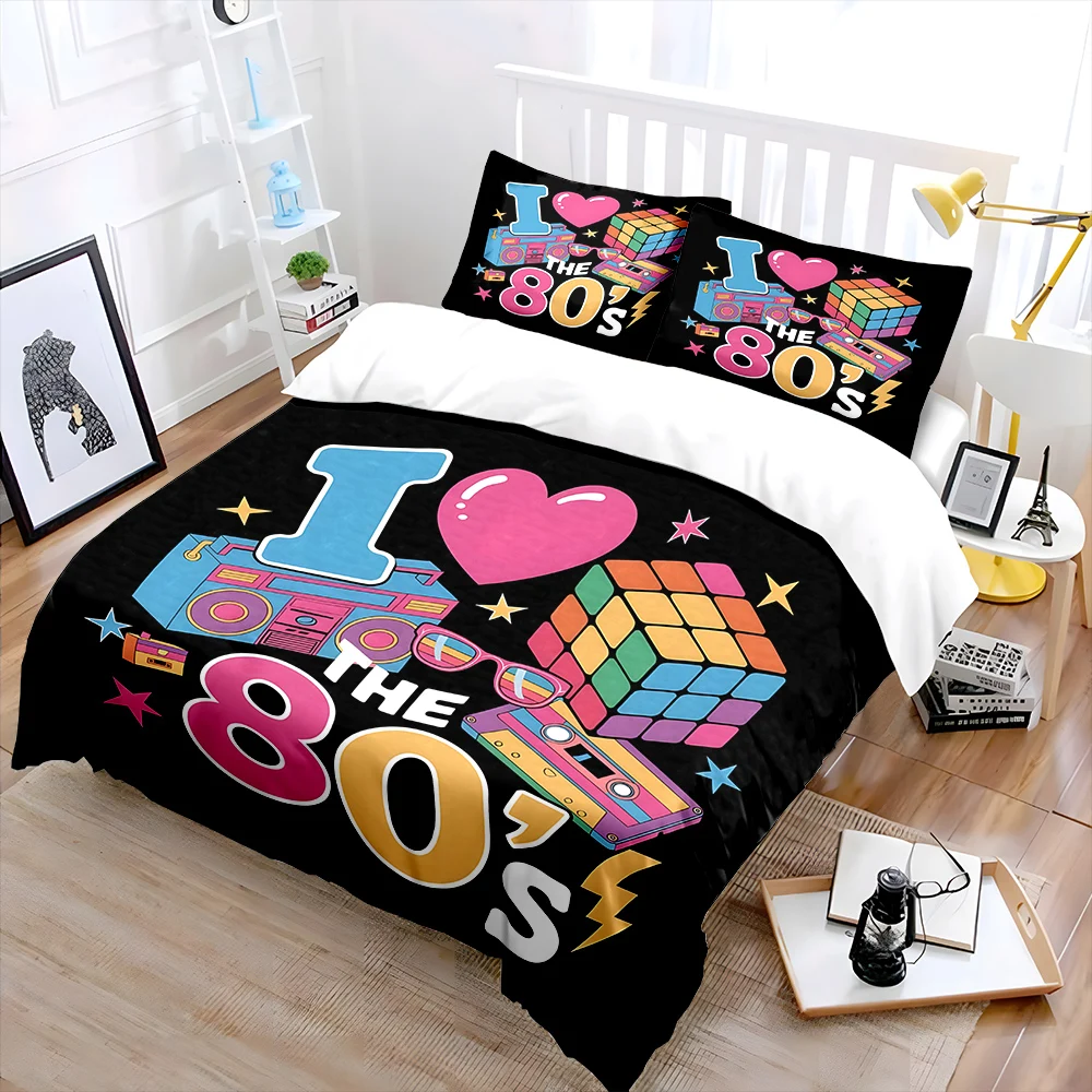 Retro 80s element design Bedding Set for Kids Luxury Gift 3pcs Digital Print Comforter Set Soft Comfortable Breathable