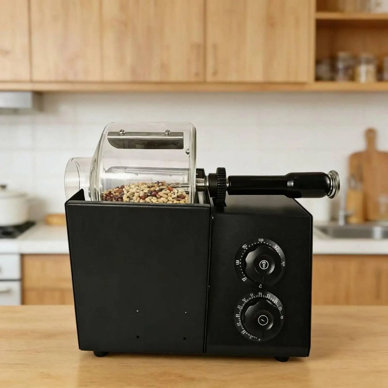 Small Electric Coffee Roaster Machine with Metal Housing and Glass Drum for Fresh Bean Roasting