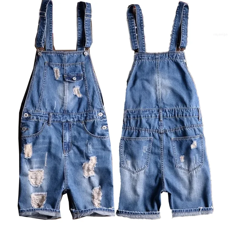 

Blue Denim Bib Shorts Overall Men Denim Jumpsuit Ripped Tattered Jeans Hip Hop Streetwear Jogger Suspenders Strap Cargo Pants