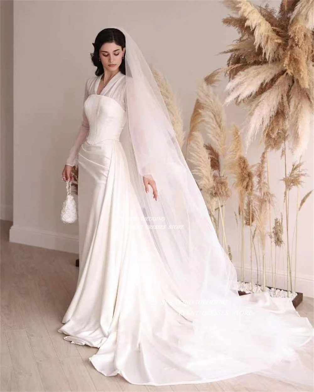 SPRAYING Elegant Mermaid Wedding Dress V Neck Soft Satin And Lace Bridal Gown With Long Veil Floor Length Robe De Mariage