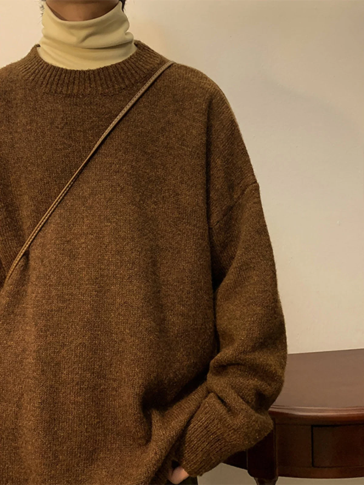 

Мужской свитер в американском ретро-стиле, коричневый, осенне-зимний, свободный, вязаный, оверсайз, базовый слой, повседневный, свободного кроя, трикотажное изделие