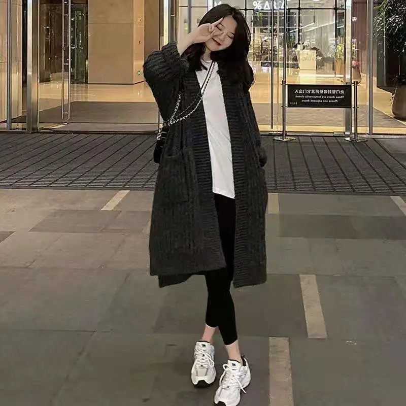 Side Split Big Pocket Sweater Women Long Sleeve Knit Cardigan Korean Fashion Elegant Tops Fall Winter Coat Solid Basic Outerwear