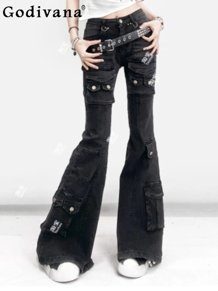 American Retro Girl Multi Pocket Vita bassa Y2k Slim Bootcut Jeans Moda Versatile per il tempo libero Nero Grigio Pantaloni in denim lavati