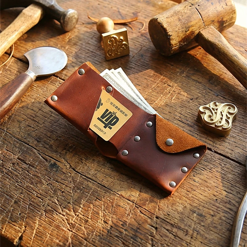 Handmade Short Wallet Genuine Top Layer Cowhide Leather Horizontal Style Men's Bifold Wallet Vintage Style Daily Use