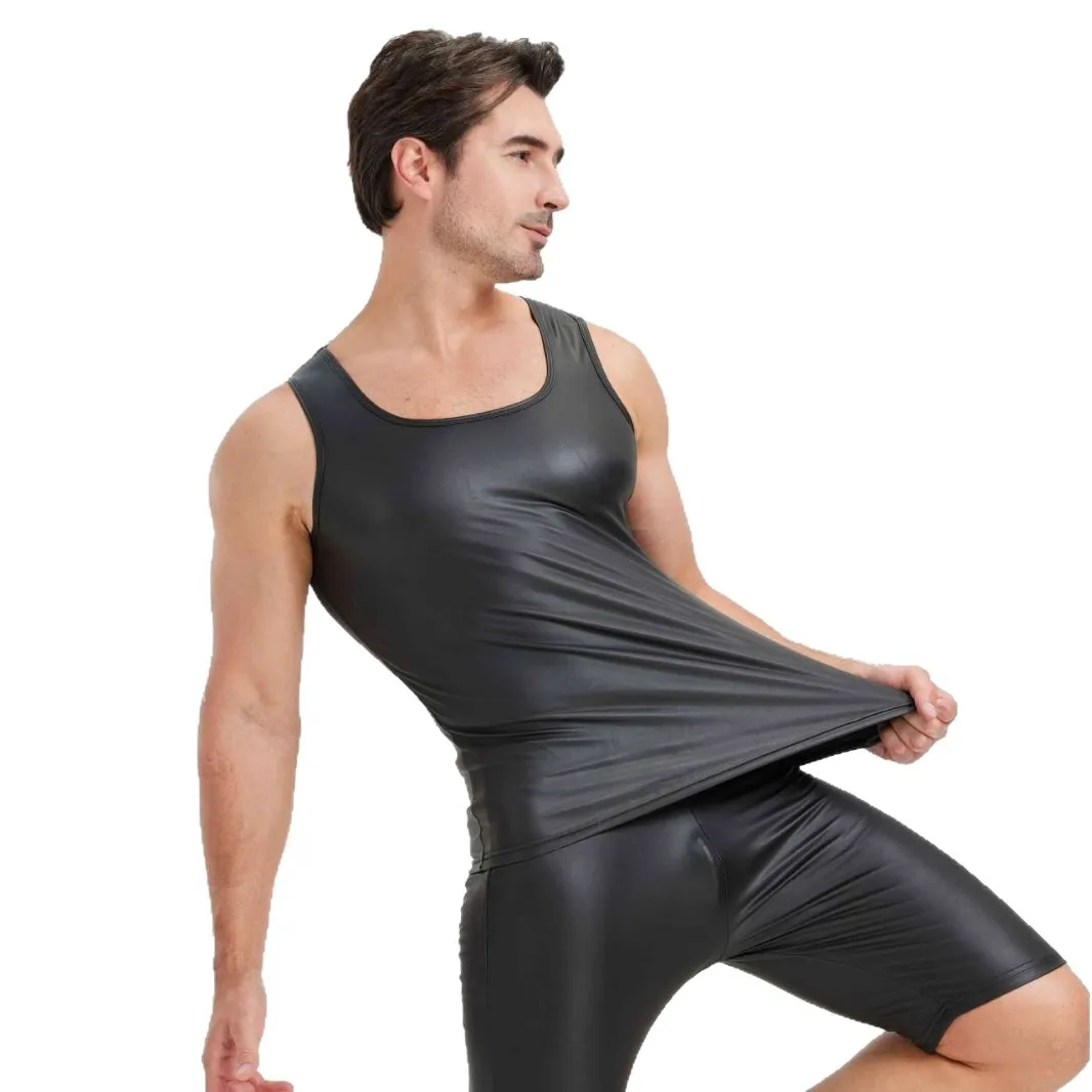 New Men's Sexy Sleeveless Faux Leather Tank Top Muscle Undershirt PU Vests for Nightclub Stage Performance Streetwear