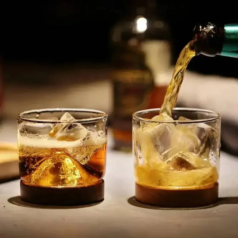 Small Mountain Cup With Walnut Beech Base Japanese Style Clear Crystal Liquor Vodka White Spirit Shot Glasses Whiskey Tumbler