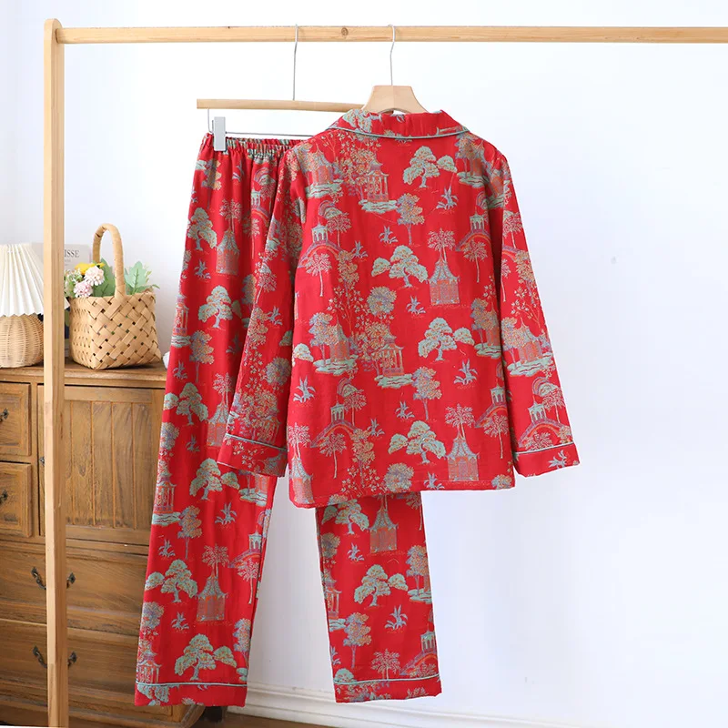 2025 New Spring and Autumn Women's Pajama Set 100% Cotton Retro Color Woven Home Clothes Long Sleeve Long Pants Two Piece Set
